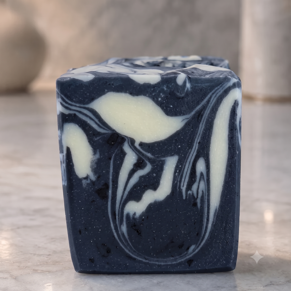 Enjoy your shower or shower with Lavender Avenue's Charcoal and Tea Tree handcrafted Soap. With beautiful swirls of   cream and black created with activated charcoal, this all natural soap offers a deep pore refining clean. Made with raw Shea butter, tea tree , juniper berry, peppermint, sandalwood and orange essential oils. 