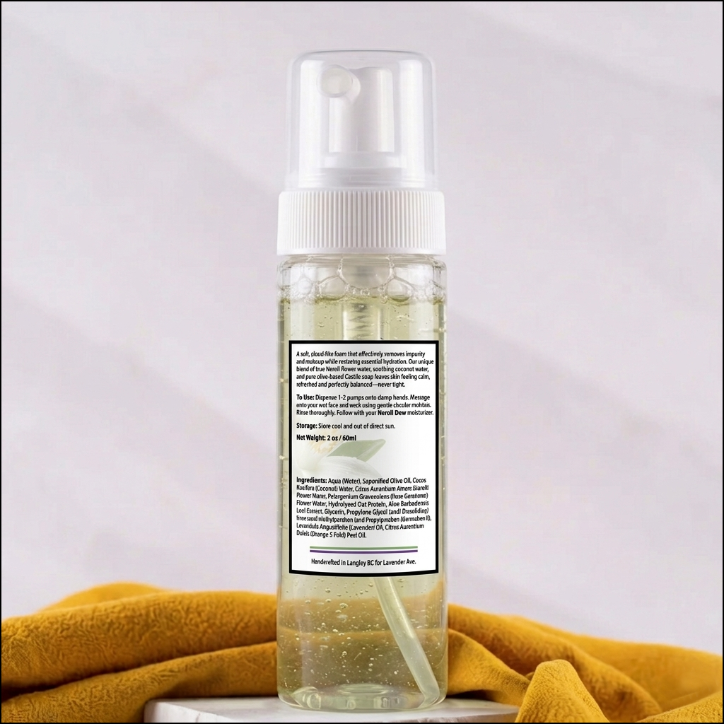 Lavender Avenue - Neroli Foaming Face Wash is the antidote to "Industrial Clean" Most commercial cleansers rely on synthetic detergents to create foam, stripping your skin’s natural acid mantle in the process. We believe a cleanser should do more than just remove the day—it should begin the process of restoration. Our Neroli & Coconut Foaming Face Wash is a pH-balanced, surfactant-free formula designed to lift impurities while flooding the skin with botanical, vegan hydration.