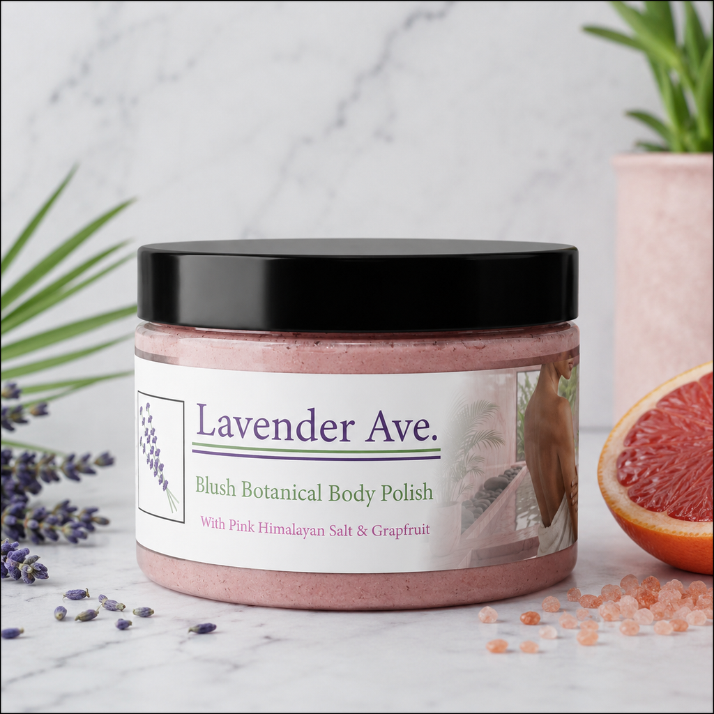 Lavender Avenue Blush Body Polish is crafted with Pure Pink Himalayan Salt providing a mineral-rich exfoliation that draws out impurities to help you glow with natural vitality. Suspended in a luxurious signature blend of whipped olive Castile and organic Shea butter, this polish ensures a velvet-soft finish for skin that feels polished and energized. Brighten, tighten, and reveal radiance with this invigorating mineral treatment.