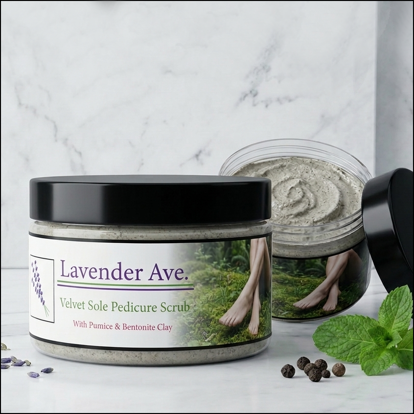 
Lavender Avenue - Velvet Sole Pedicure Scrub transforms tired feet with a cooling, high-intensity mineral treatment. This specialized pedicure scrub combines the raw power of volcanic pumice with the invigorating chill of pure peppermint. Formulated in our signature base of whipped olive castile and organic shea butter, it provides a deep, restorative exfoliation that smooths rough textures while leaving your feet feeling refreshed, energized, and velvet-soft.
