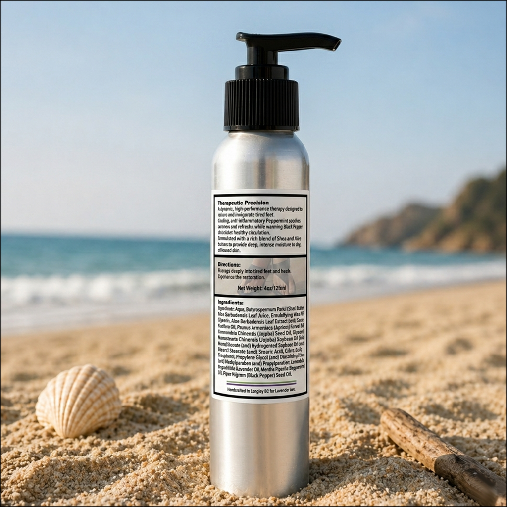 Lavender Avenue All Natural Invigorating Foot Lotion - A cooling, botanical recovery for tired feet. This rich, non-greasy lotion blends the soothing properties of Aloe and Shea butters with a powerful trifecta of Peppermint, Lavender, and Black Pepper essential oils. Designed to absorb quickly, it provides immediate relief and deep hydration to weary soles, leaving your feet feeling restored, refreshed, and velvet-soft.