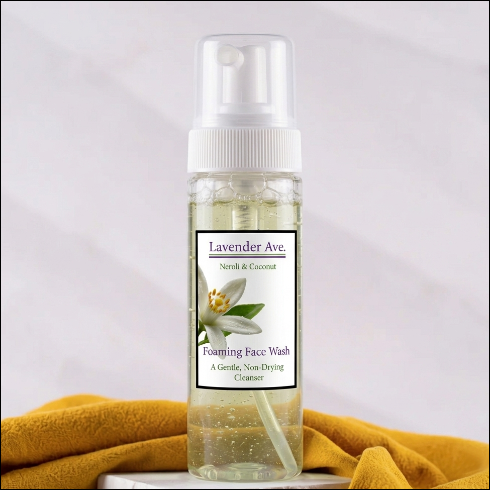 Lavender Avenue - Neroli Foaming Face Wash is the antidote to "Industrial Clean" Most commercial cleansers rely on synthetic detergents to create foam, stripping your skin’s natural acid mantle in the process. We believe a cleanser should do more than just remove the day—it should begin the process of restoration. Our Neroli & Coconut Foaming Face Wash is a pH-balanced, surfactant-free formula designed to lift impurities while flooding the skin with botanical, vegan hydration.