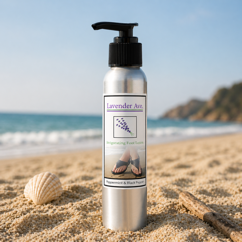 Lavender Avenue All Natural Invigorating Foot Lotion - A cooling, botanical recovery for tired feet. This rich, non-greasy lotion blends the soothing properties of Aloe and Shea butters with a powerful trifecta of Peppermint, Lavender, and Black Pepper essential oils. Designed to absorb quickly, it provides immediate relief and deep hydration to weary soles, leaving your feet feeling restored, refreshed, and velvet-soft.
